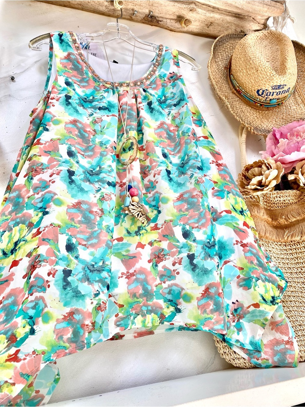 Breezy Bejeweled floral flowy boho blouse w shabby chic resort vacay vibe